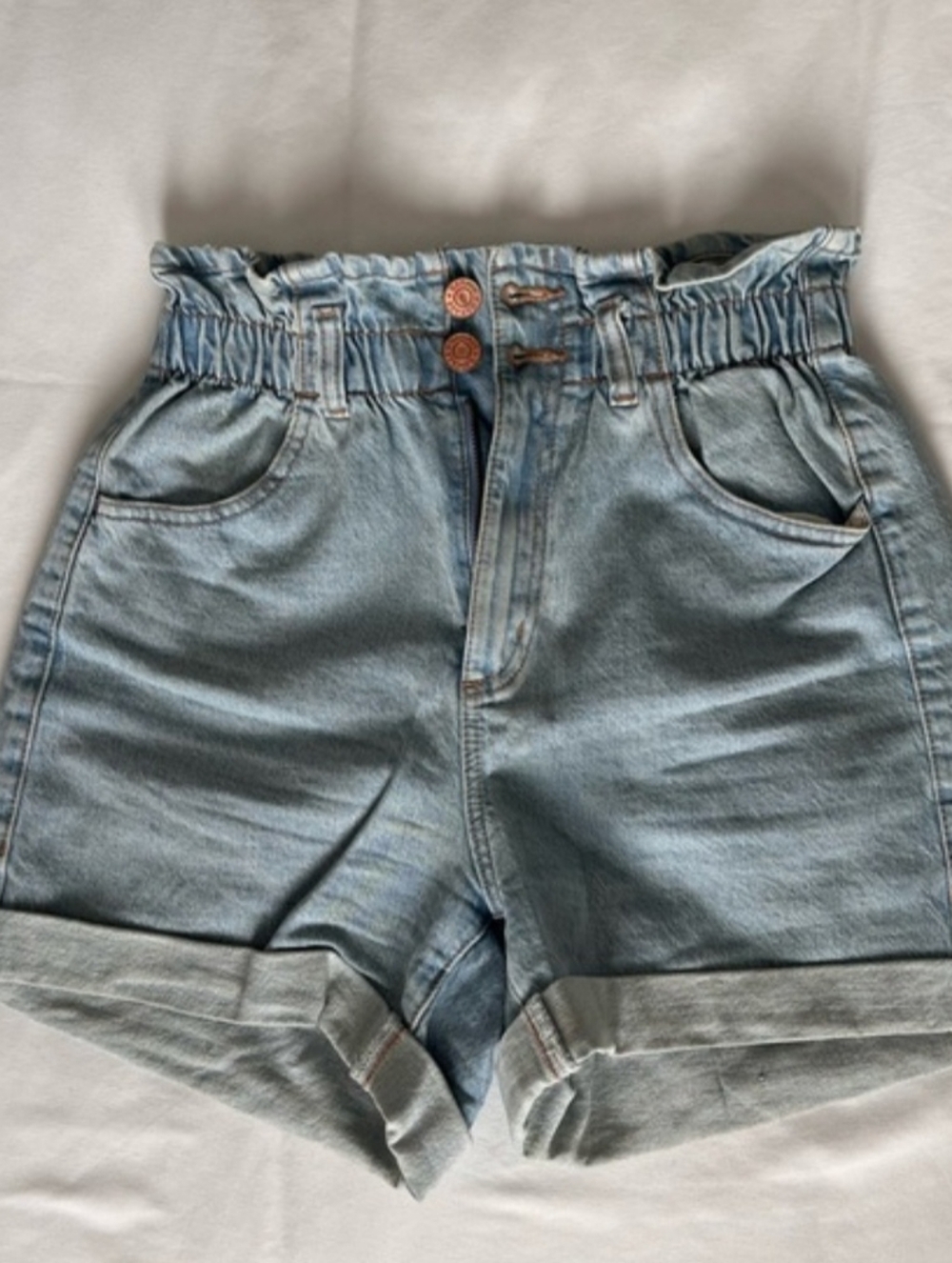 Light Blue High-Waist Paperbag Denim Shorts